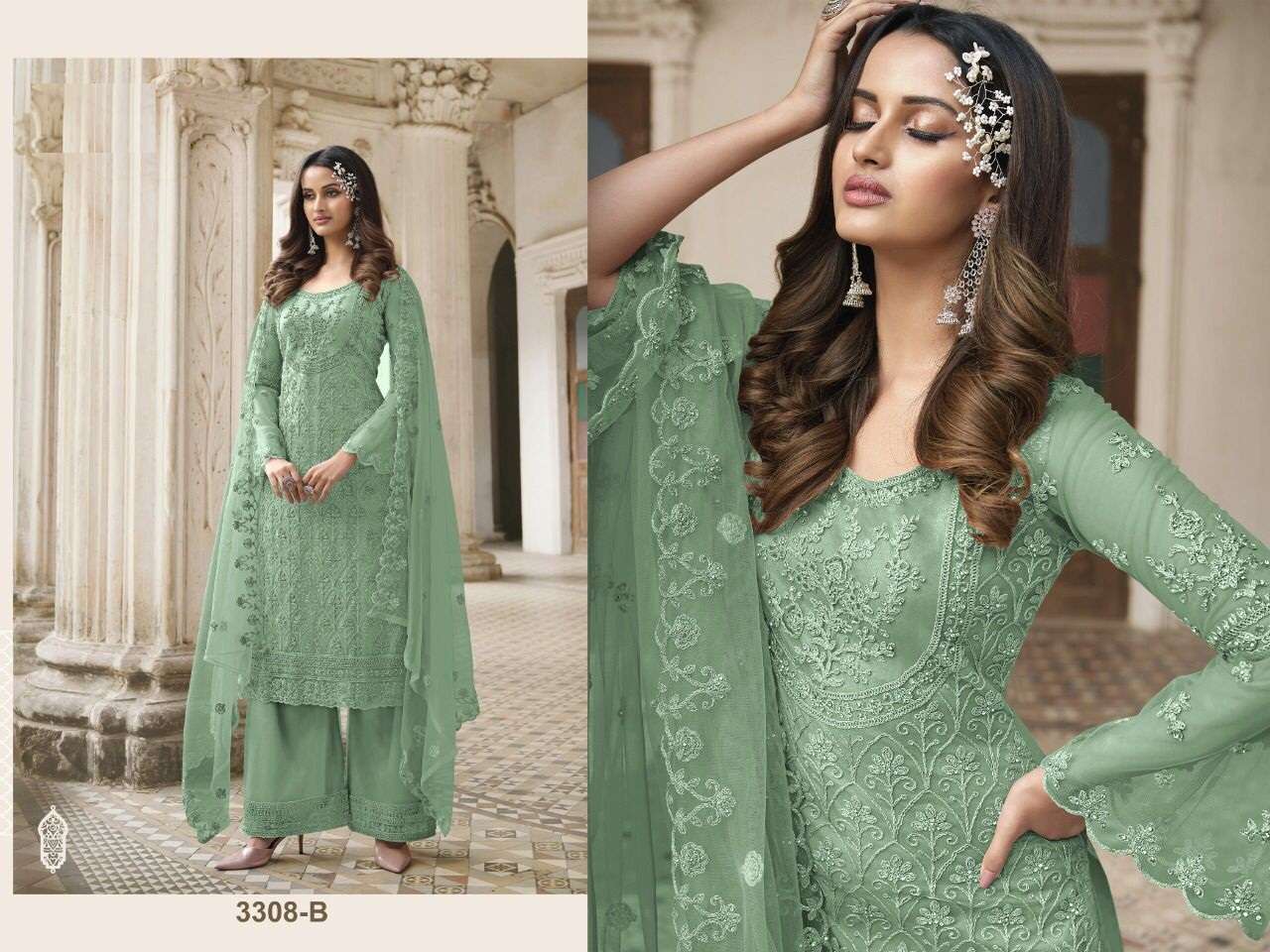 DESIGNER FANCY WEDDING PARTY FESTIVAL WEAR BUTTERFLY NET SALWAR SUIT JG 3308B