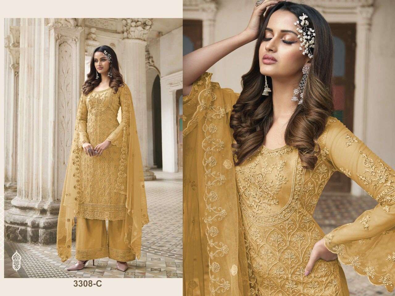 DESIGNER FANCY WEDDING PARTY FESTIVAL WEAR BUTTERFLY NET SALWAR SUIT JG 3308C