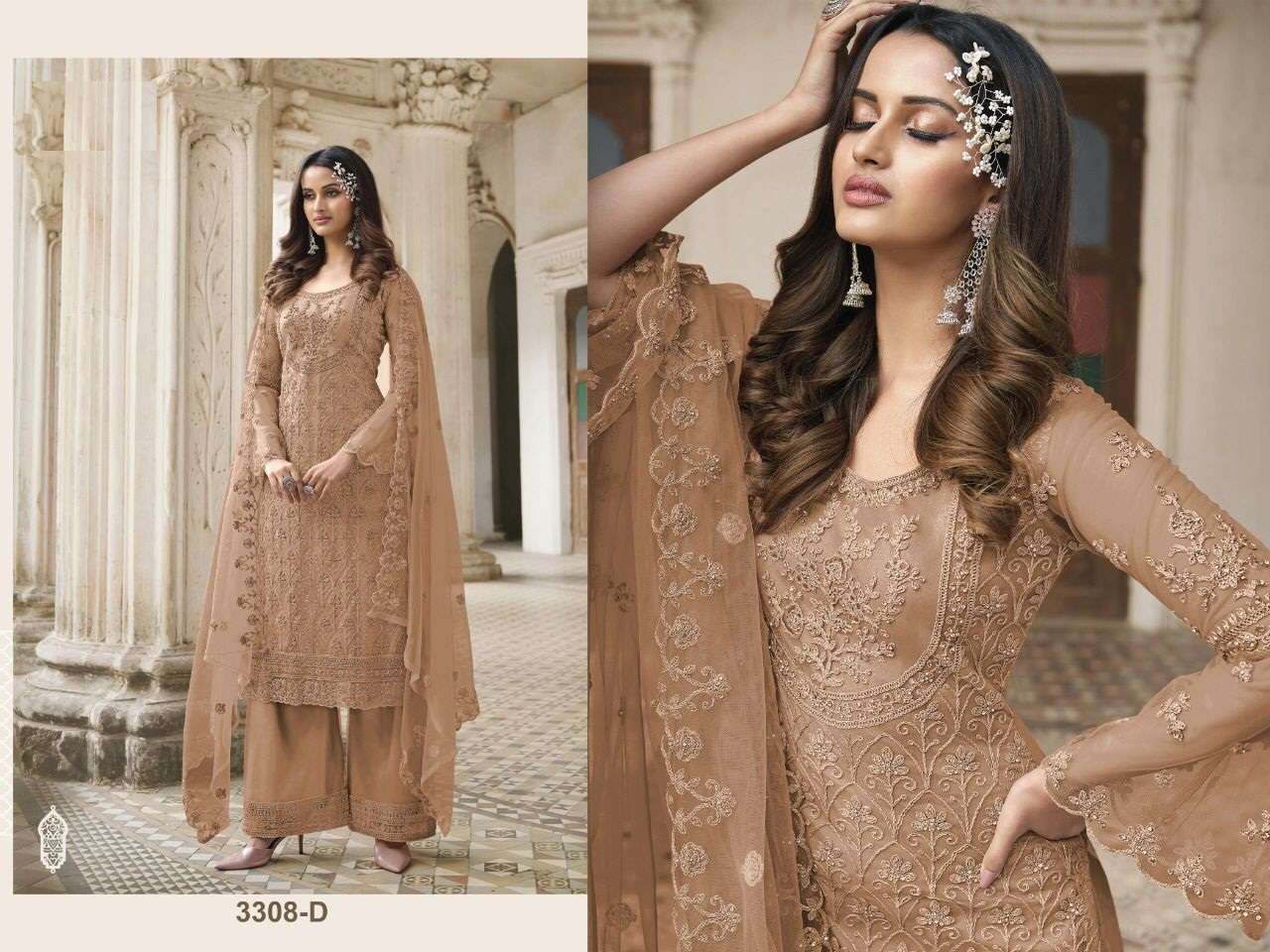 DESIGNER FANCY WEDDING PARTY FESTIVAL WEAR BUTTERFLY NET SALWAR SUIT JG 3308D