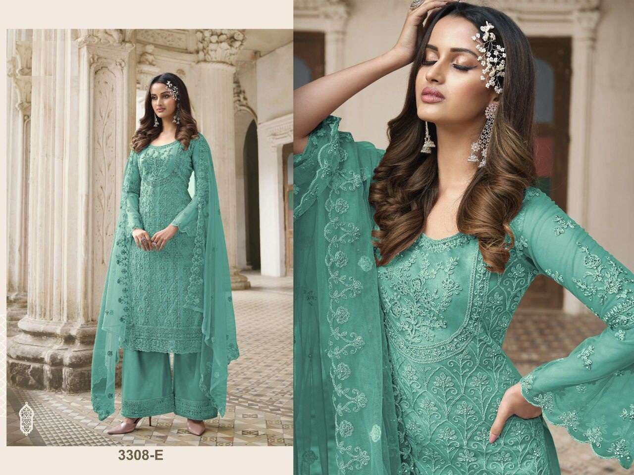 DESIGNER FANCY WEDDING PARTY FESTIVAL WEAR BUTTERFLY NET SALWAR SUIT JG 3308E