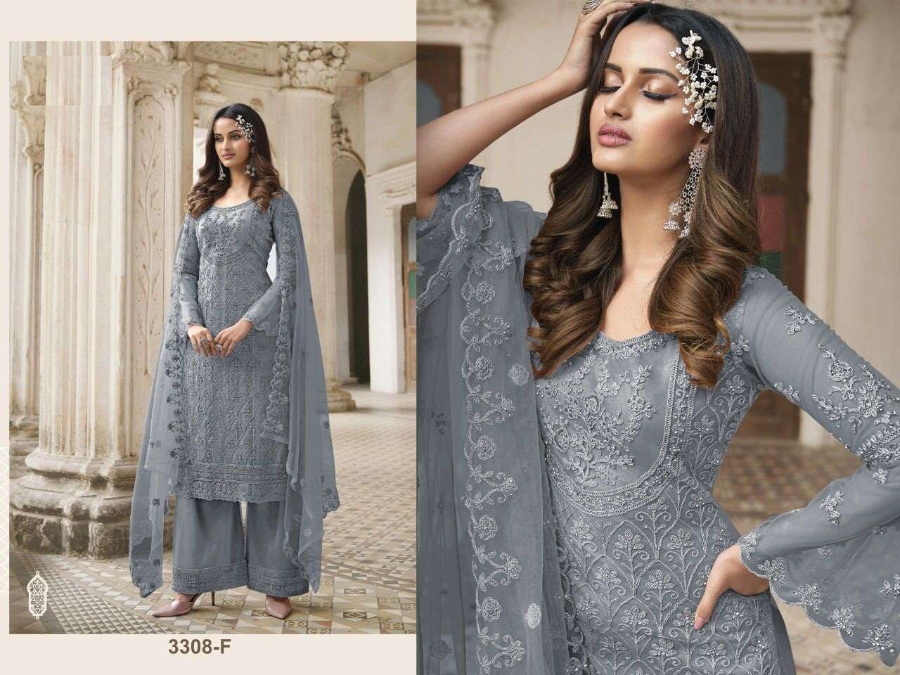 DESIGNER FANCY WEDDING PARTY FESTIVAL WEAR BUTTERFLY NET SALWAR SUIT JG 3308F