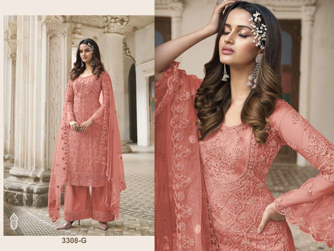 DESIGNER FANCY WEDDING PARTY FESTIVAL WEAR BUTTERFLY NET SALWAR SUIT JG 3308G