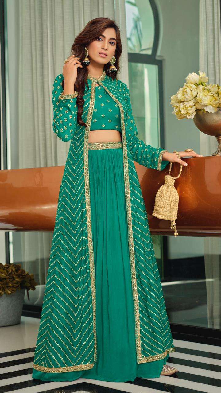 DESIGNER FANCY WEDDING PARTY WEAR CHINON SKIRT KOTI SALWAR SUIT EB NYASA 1056