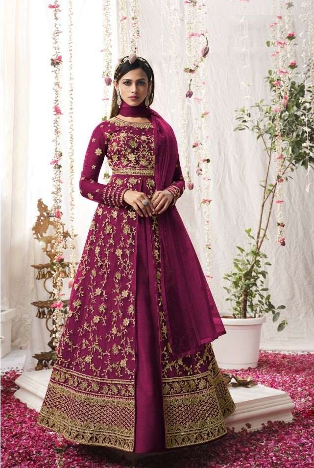 DESIGNER FANCY WEDDING PARTY WEAR LONG GOWN STYLE ANARKALI SALWAR SUIT VIOLET 5305 F