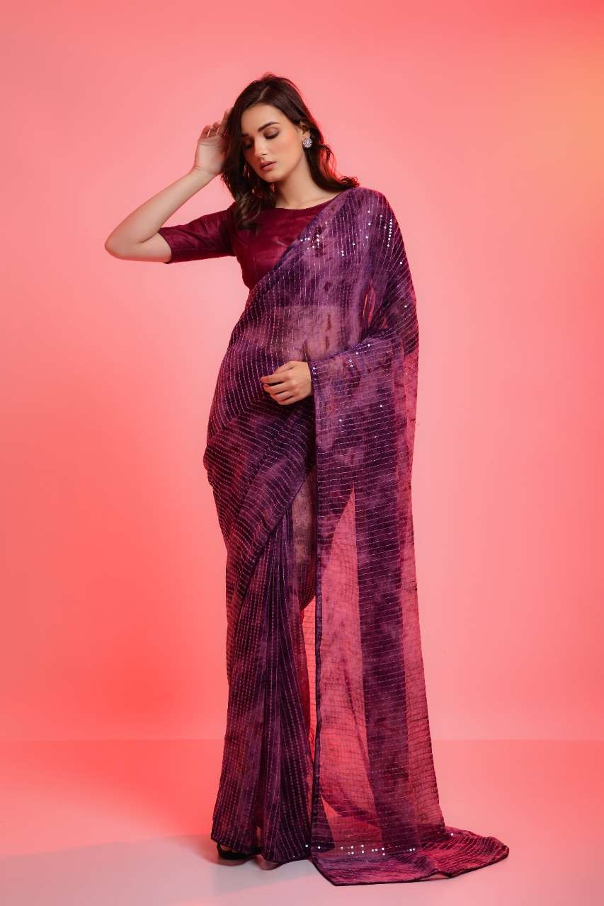 DESIGNER CHIFFON SEQUENCE SAREE EXCLUSIVE COLLECTION FOR WEDDING PARTY WEAR PURPLE SM 5