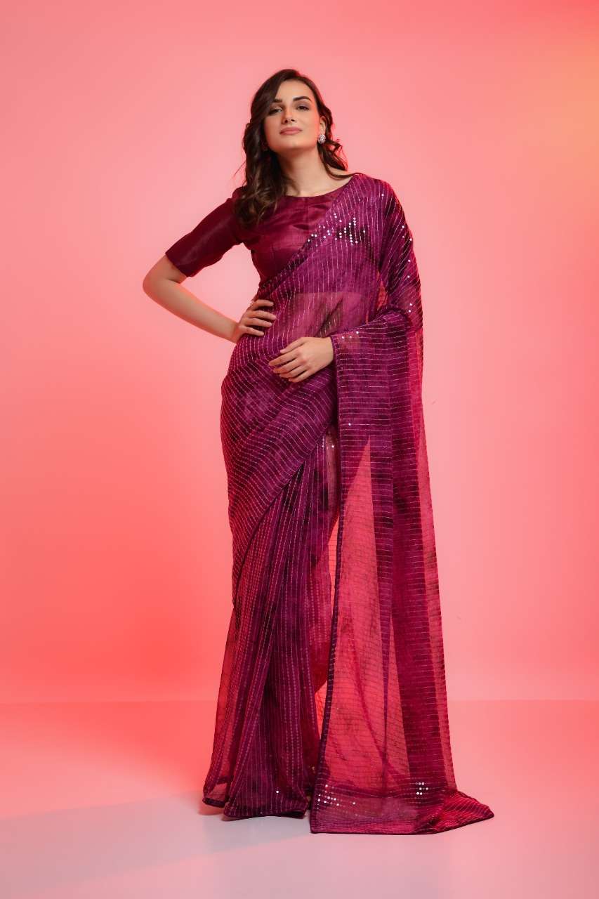 DESIGNER CHIFFON SEQUENCE SAREE EXCLUSIVE COLLECTION FOR WEDDING PARTY WEAR PURPLE SM 7