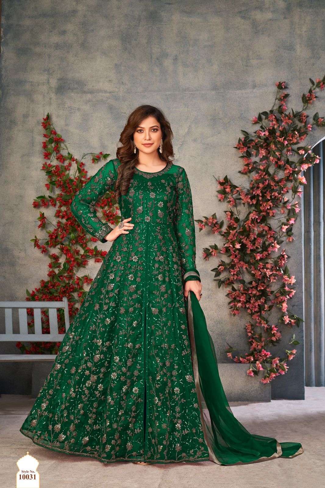 DESIGNER FANCY PARTY WEAR LONG ANARKALI NET SALWAR SUIT ANY ANJUBAA 10031