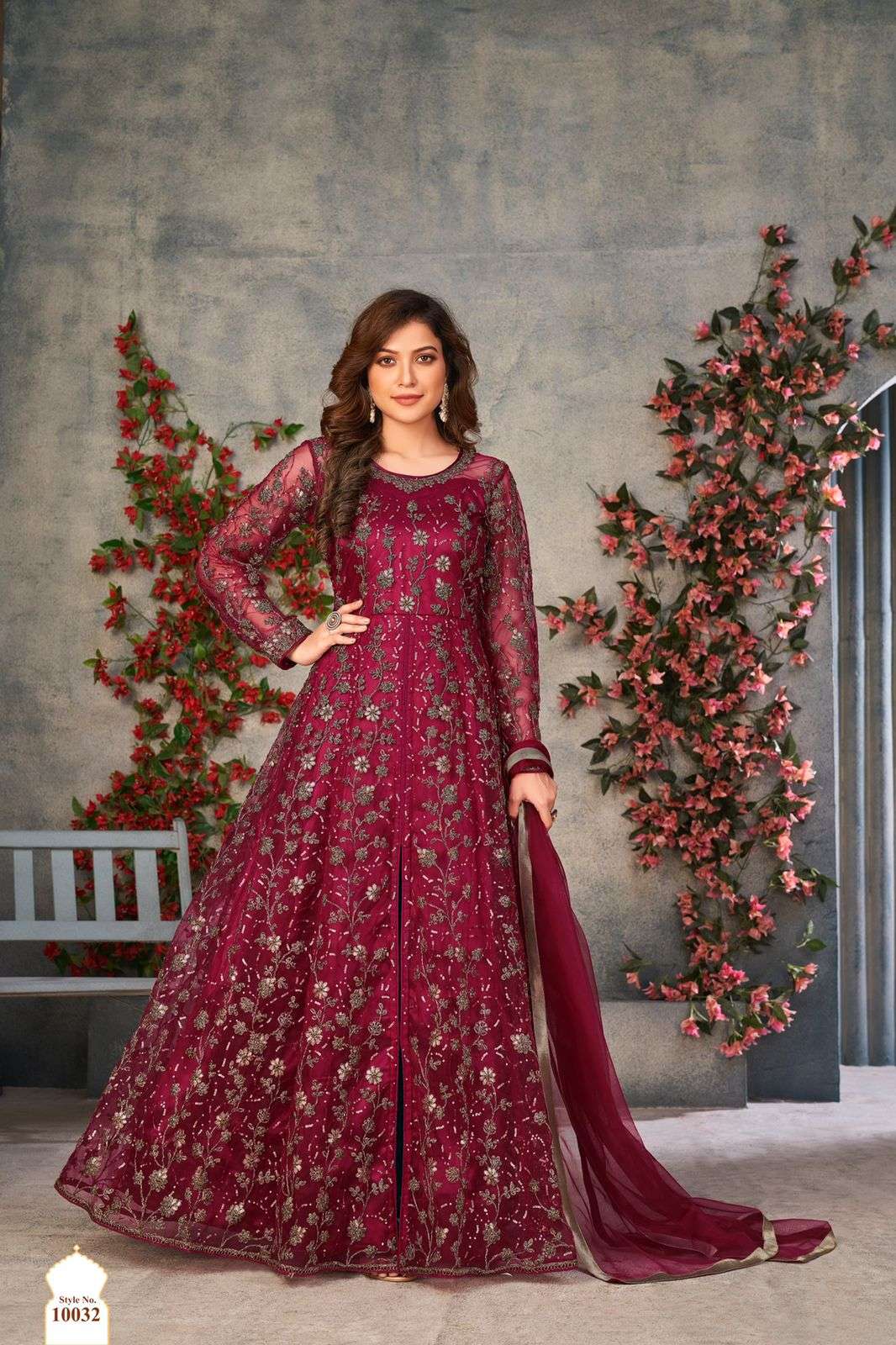 DESIGNER FANCY PARTY WEAR LONG ANARKALI NET SALWAR SUIT ANY ANJUBAA 10032