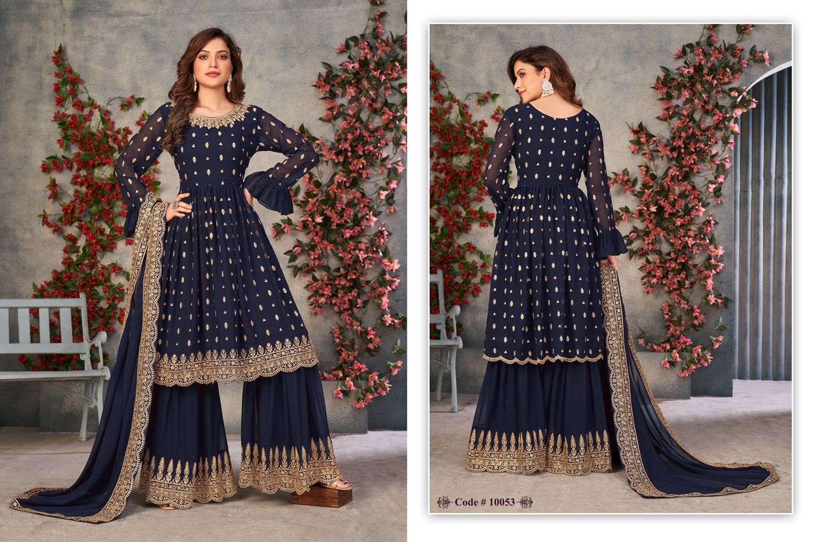 DESIGNER FANCY WEDDING PARTY WEAR FAUX GEORGETTE SHARARA SALWAR SUIT ANJUBAA 10053