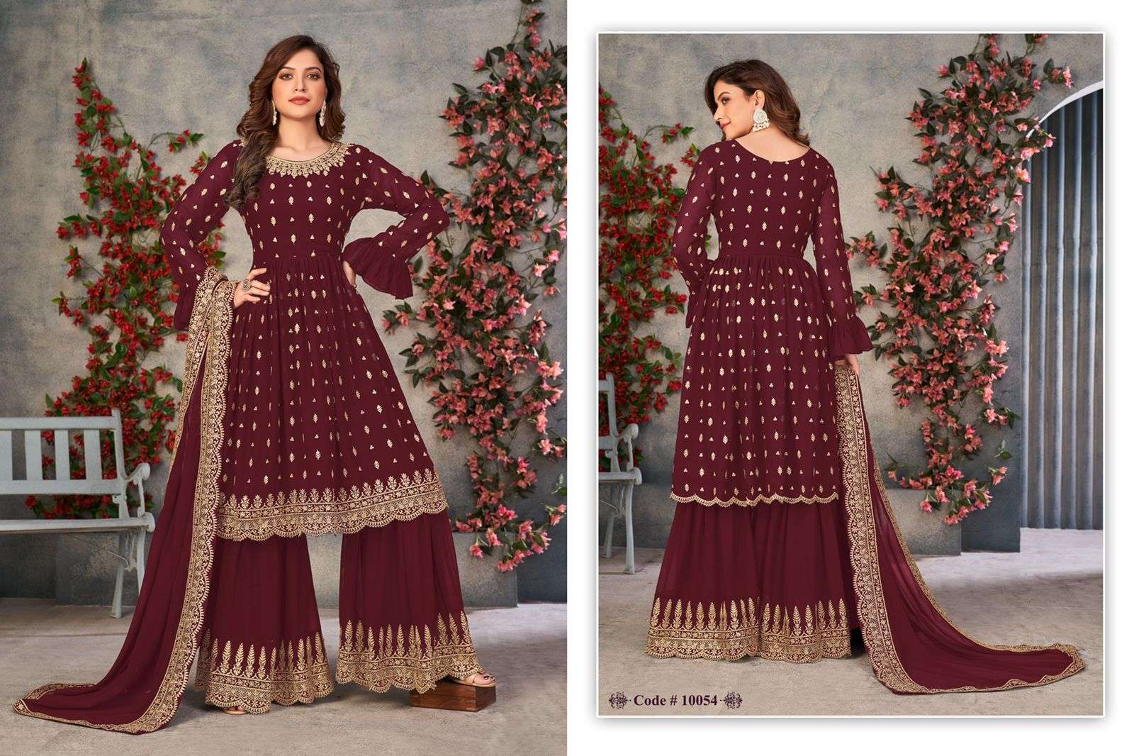 DESIGNER FANCY WEDDING PARTY WEAR FAUX GEORGETTE SHARARA SALWAR SUIT ANJUBAA 10054