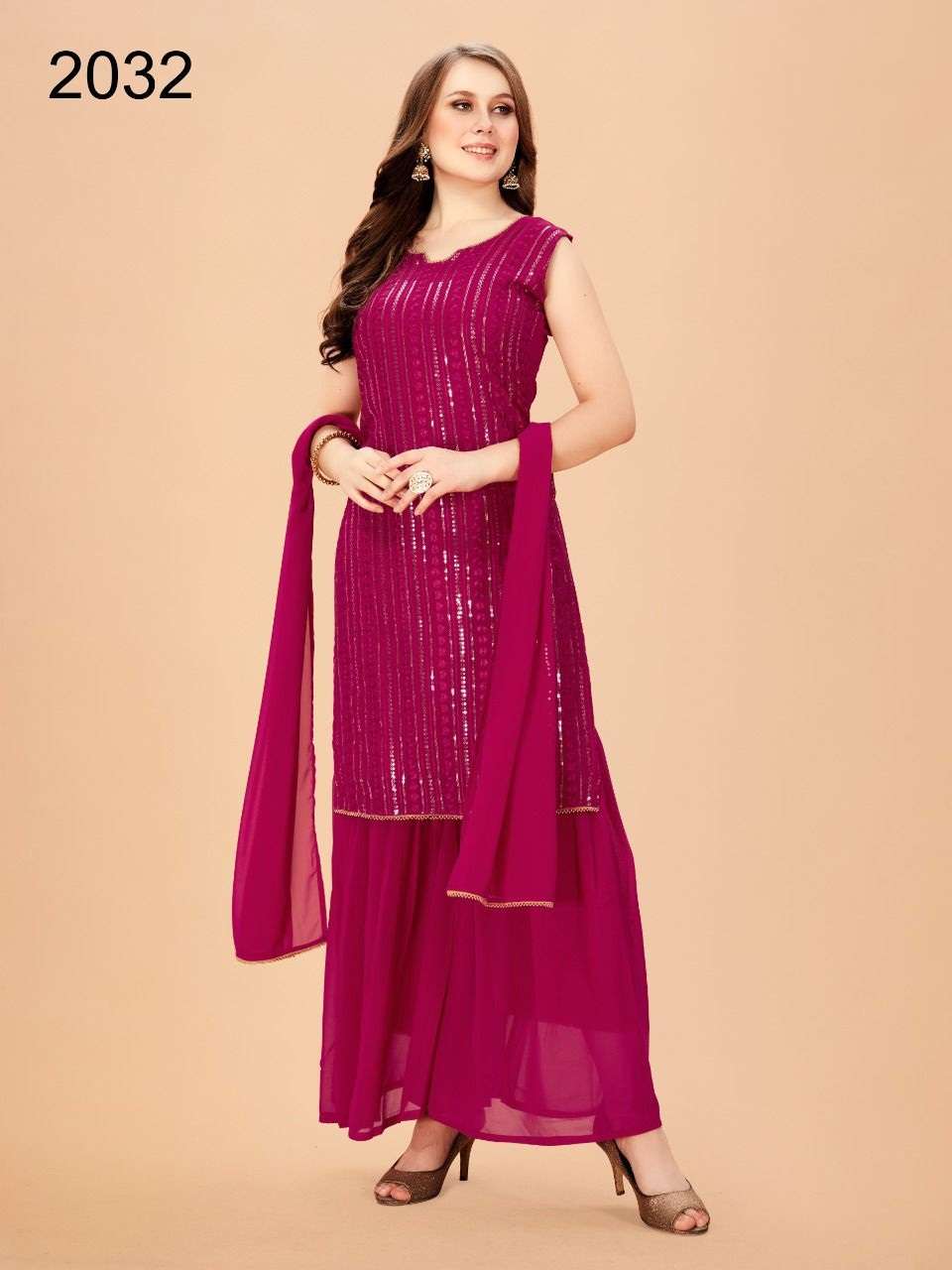 DESIGNER FANCY WEDDING PARTY WEAR FAUX GEORGETTE SHARARA SALWAR SUIT MRUDANGI 2032