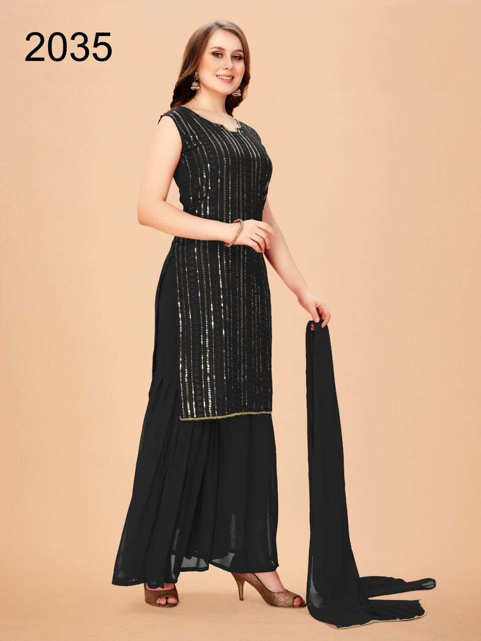 DESIGNER FANCY WEDDING PARTY WEAR FAUX GEORGETTE SHARARA SALWAR SUIT MRUDANGI 2035