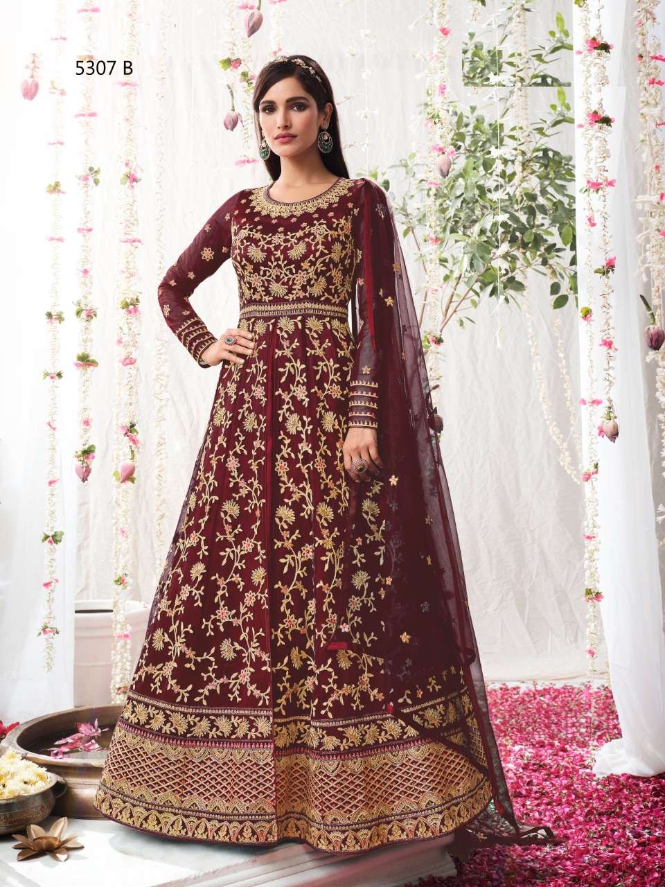 DESIGNER FANCY WEDDING PARTY WEAR LONG GOWN STYLE ANARKALI SALWAR SUIT VIOLET 5307 B