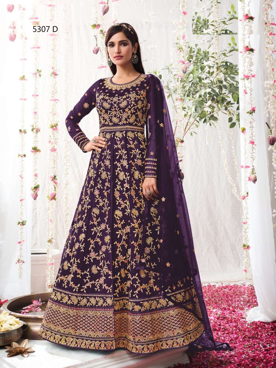 DESIGNER FANCY WEDDING PARTY WEAR LONG GOWN STYLE ANARKALI SALWAR SUIT VIOLET 5307 D