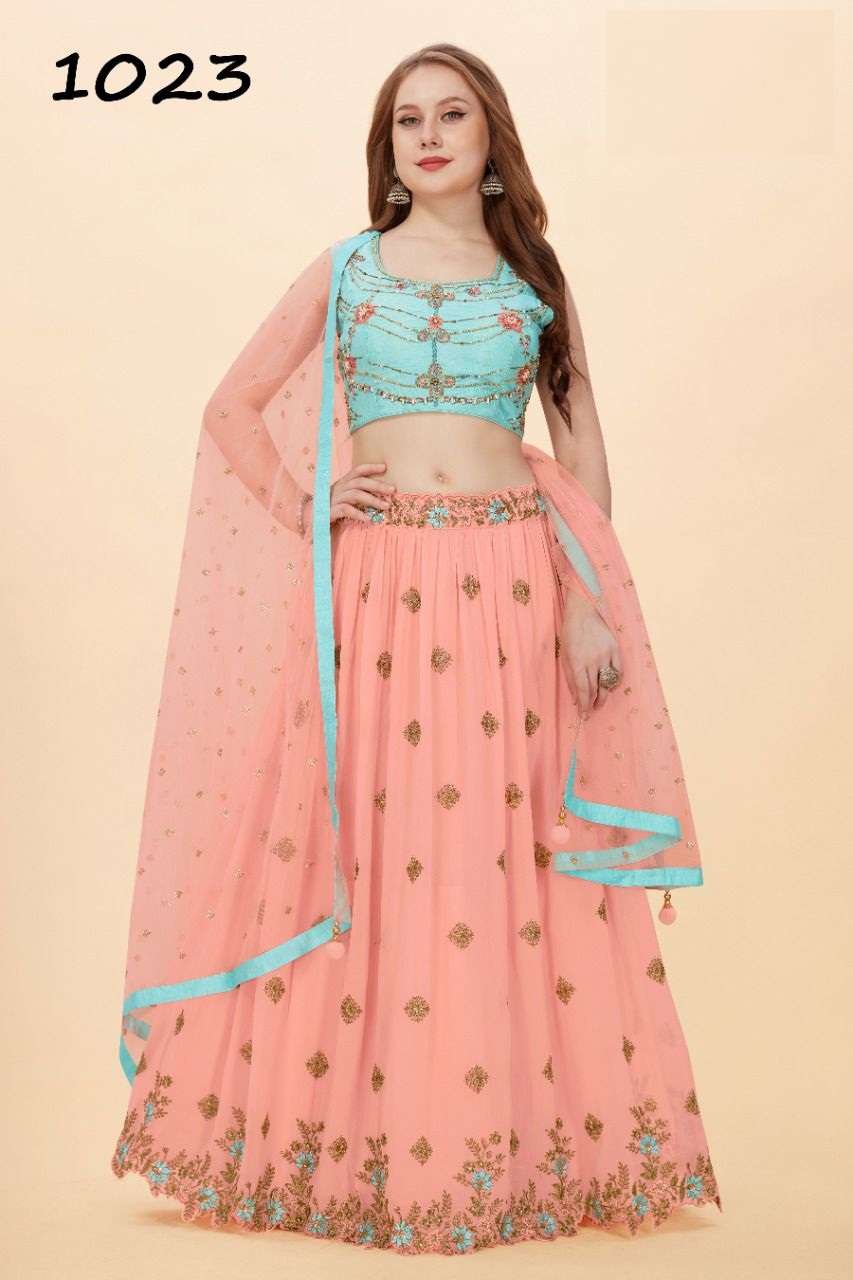 DESIGNER FANCY WEDDING PARTY WEAR SILK SATIN LEHENGA CHOLI COLLECTION MRDG APSARA 1023