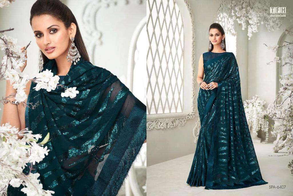 PREMIUM DESIGNER FANCY WEDDING PARTY WEAR SAREE IN GEORGETTE WITH SEQUENCE WORK TFH 6407