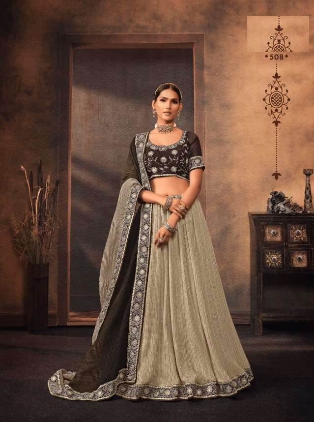 BEIGE DESIGNER FANCY TRENDY PARTY WEAR GEORGETTE SILK LEHENGA CHOLI KAVIRA SM508