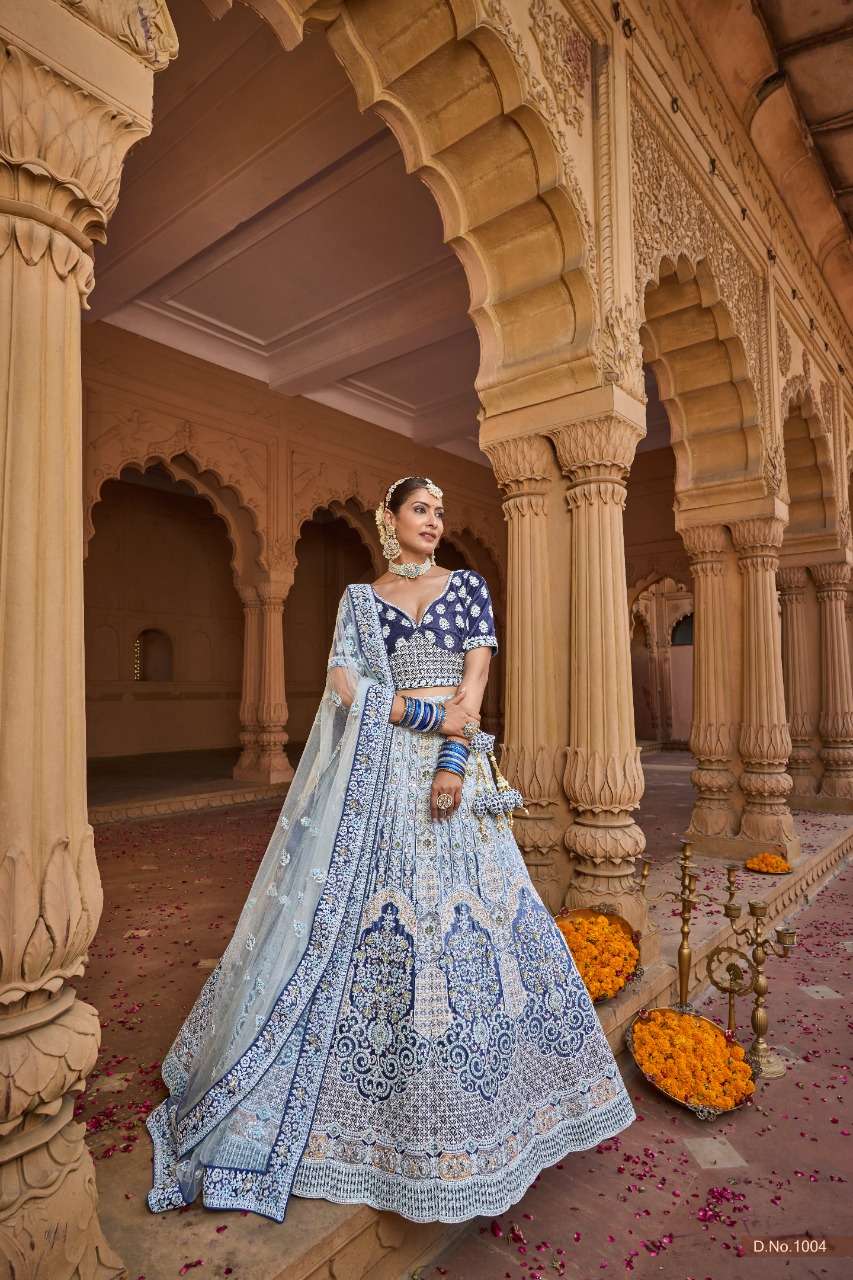 BEST DESIGNER BLUE BRIDAL WEDDING WEAR HEAVY VELVET LEHENGA CHOLI PURPLE 1004