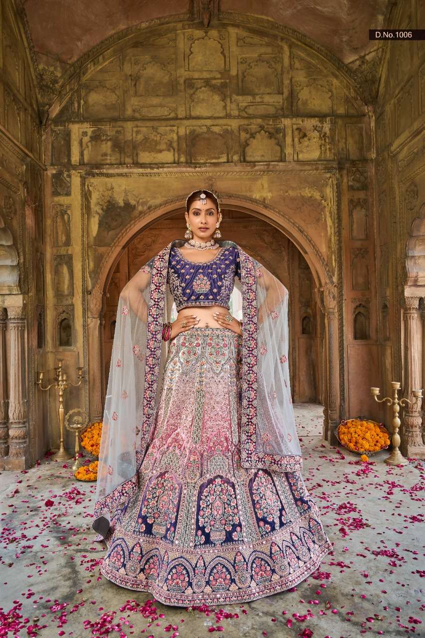 BEST DESIGNER PURPLE BRIDAL WEDDING WEAR HEAVY VELVET LEHENGA CHOLI PURPLE 1006