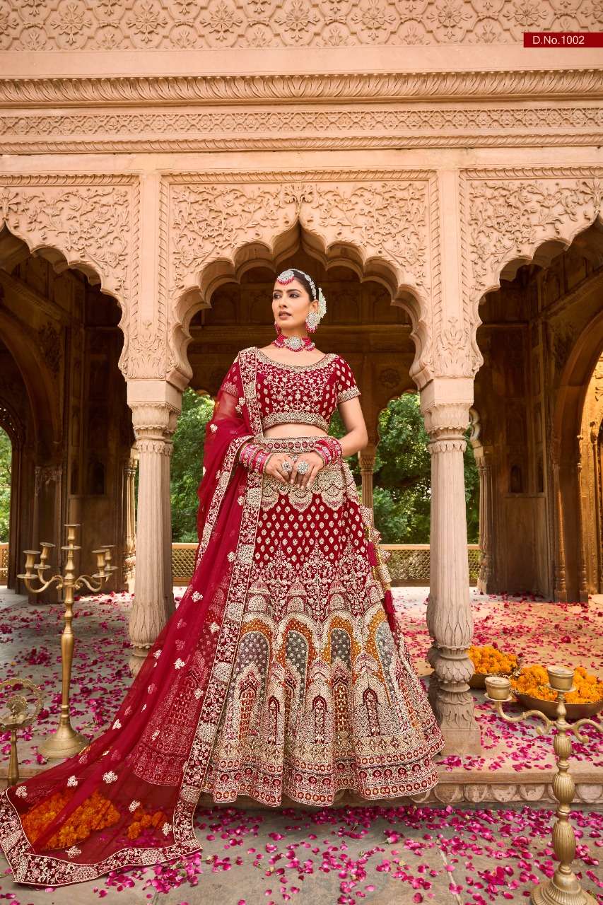 BEST DESIGNER RED BRIDAL WEDDING WEAR HEAVY VELVET LEHENGA CHOLI PURPLE 1002