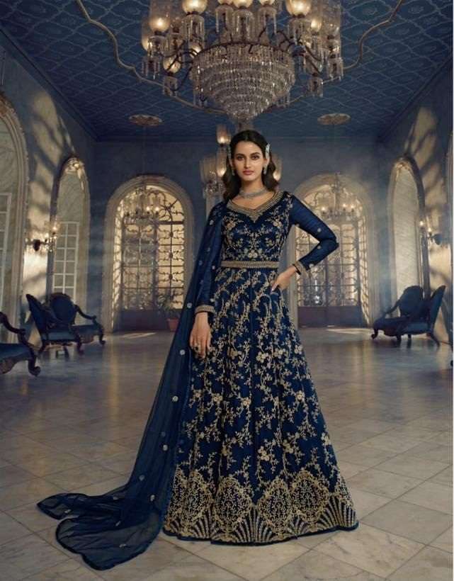 DESIGNER FANCY LONG BLUE ANARKALI GOWN SALWAR SUIT FOR WEDDING PARTY WEAR IN BUTTERFLY NET FABRIC SWAGAT 5407