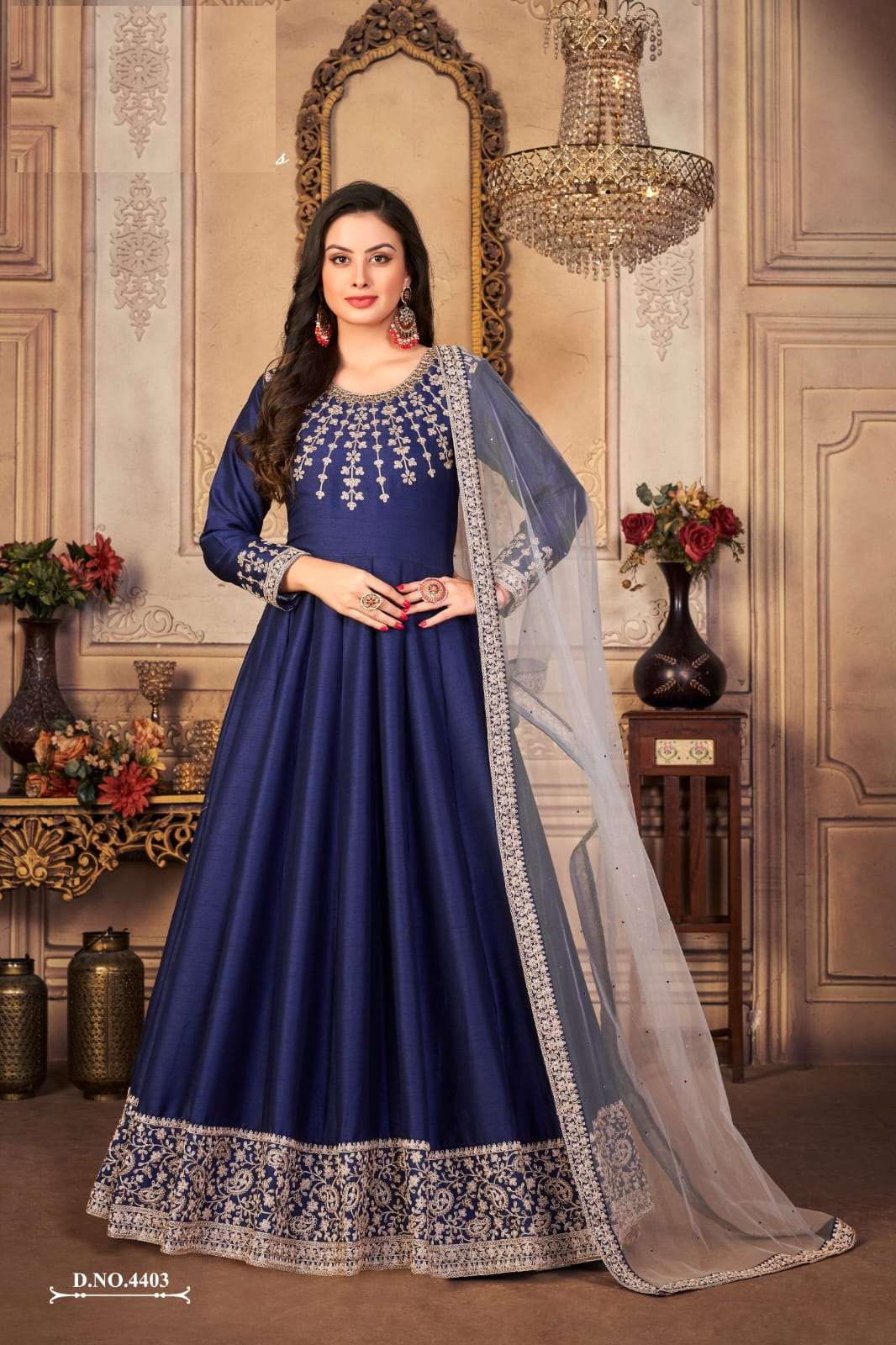 DESIGNER FANCY LONG BLUE ANARKALI GOWN SALWAR SUIT FOR WEDDING PARTY WEAR IN ART SILK FABRIC ANY 4403