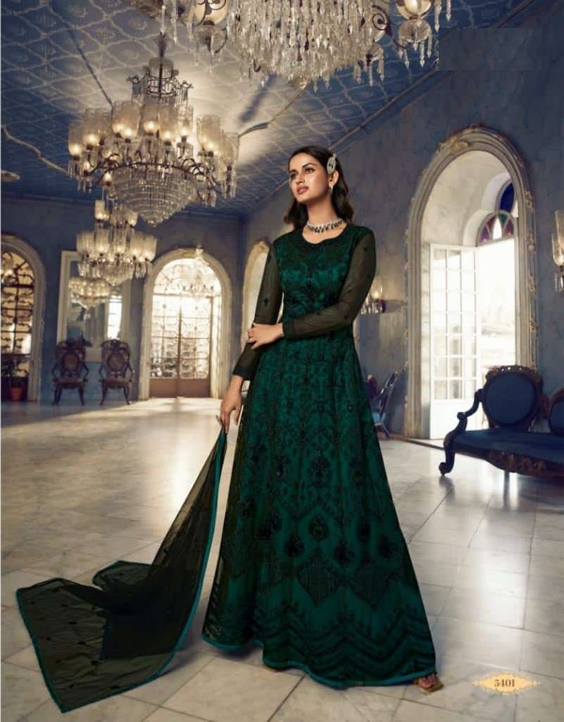 DESIGNER FANCY LONG GREEN ANARKALI GOWN SALWAR SUIT FOR WEDDING PARTY WEAR IN BUTTERFLY NET FABRIC SWAGAT 5401