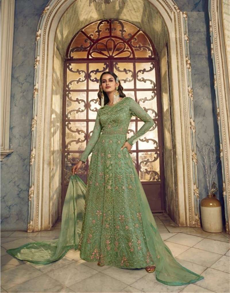 DESIGNER FANCY LONG GREEN ANARKALI GOWN SALWAR SUIT FOR WEDDING PARTY WEAR IN BUTTERFLY NET FABRIC SWAGAT 5404