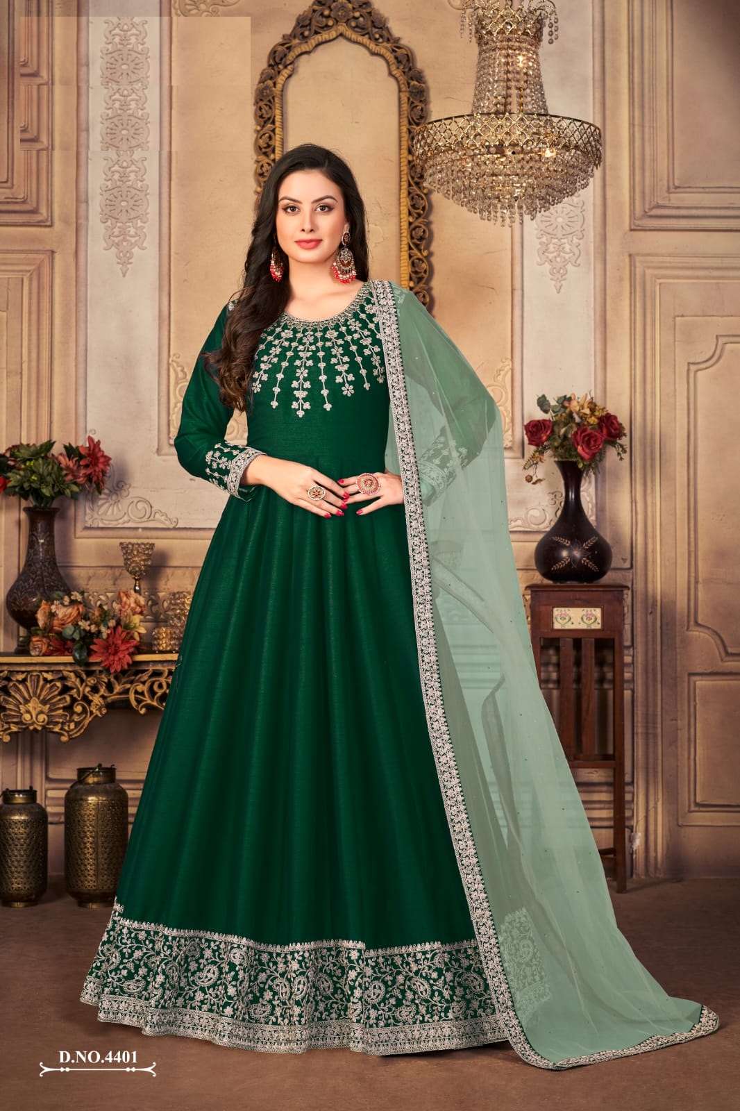 DESIGNER FANCY LONG GREEN ANARKALI GOWN SALWAR SUIT FOR WEDDING PARTY WEAR IN ART SILK FABRIC ANY 4401