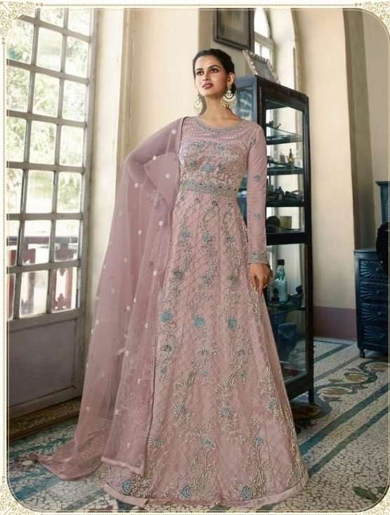 DESIGNER FANCY LONG PINK ANARKALI GOWN SALWAR SUIT FOR WEDDING PARTY WEAR IN BUTTERFLY NET FABRIC SWAGAT 5406