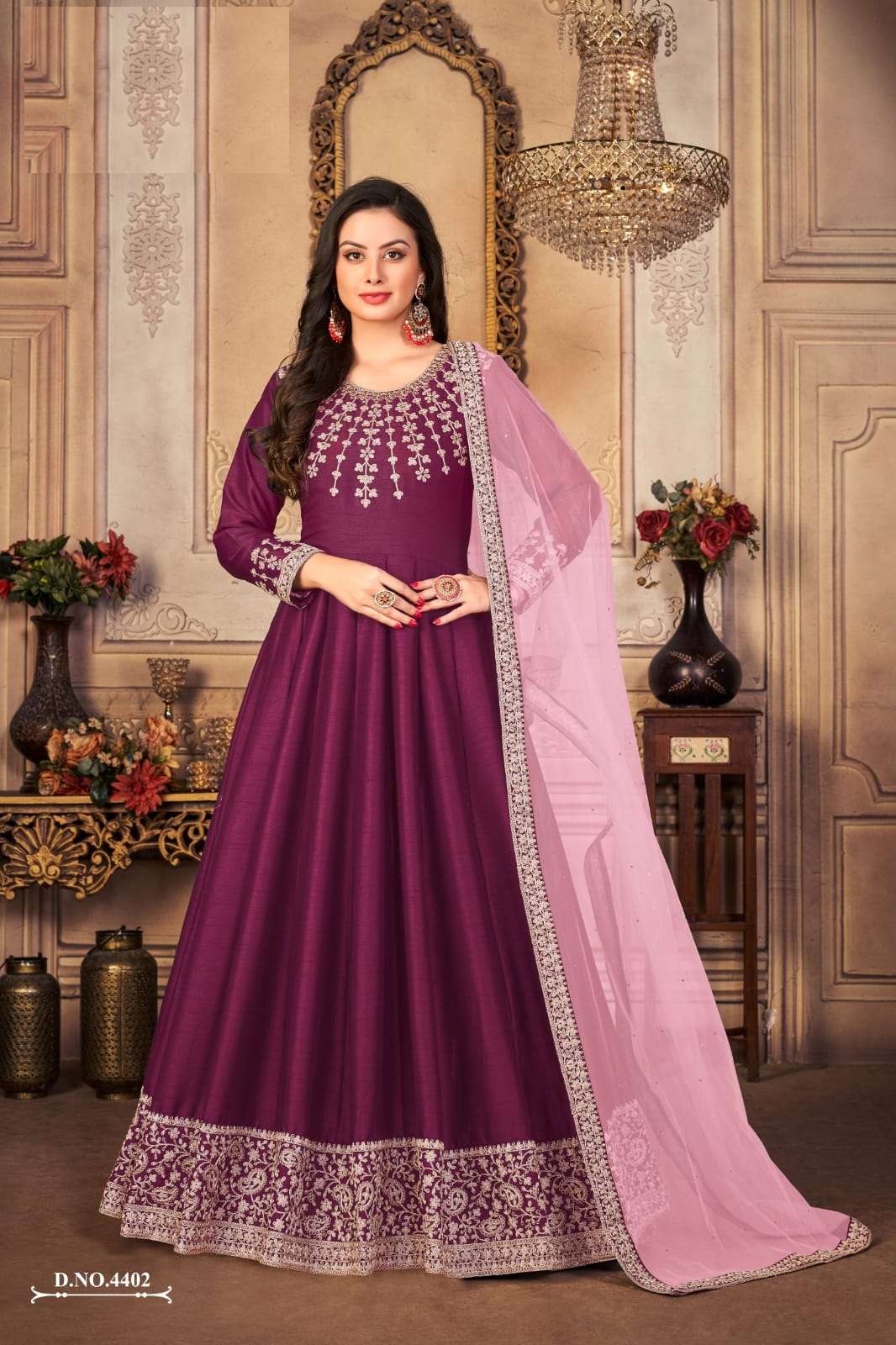 DESIGNER FANCY LONG PURPLE ANARKALI GOWN SALWAR SUIT FOR WEDDING PARTY WEAR IN ART SILK FABRIC ANY 4402