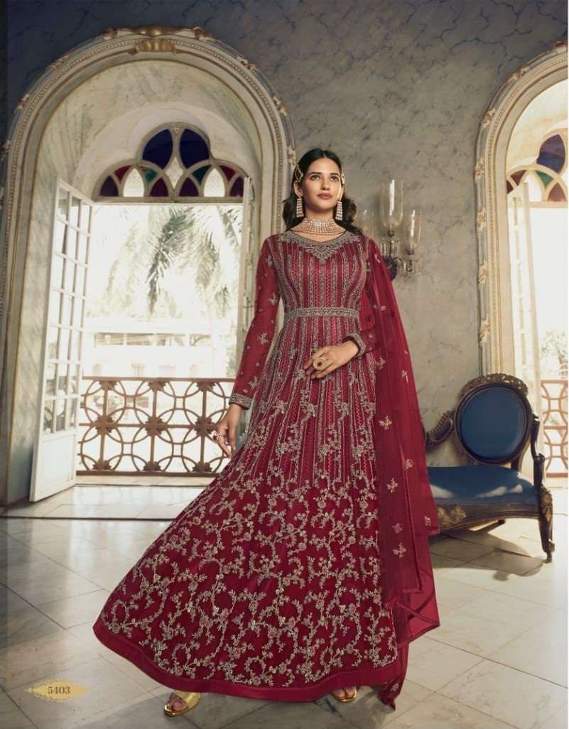 DESIGNER FANCY LONG RED ANARKALI GOWN SALWAR SUIT FOR WEDDING PARTY WEAR IN BUTTERFLY NET FABRIC SWAGAT 5403