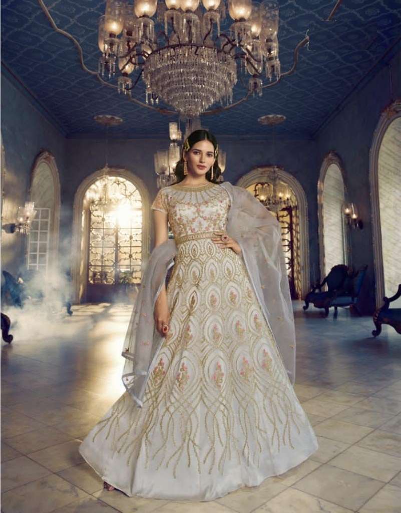 DESIGNER FANCY LONG WHITE ANARKALI GOWN SALWAR SUIT FOR WEDDING PARTY WEAR IN BUTTERFLY NET FABRIC SWAGAT 5405