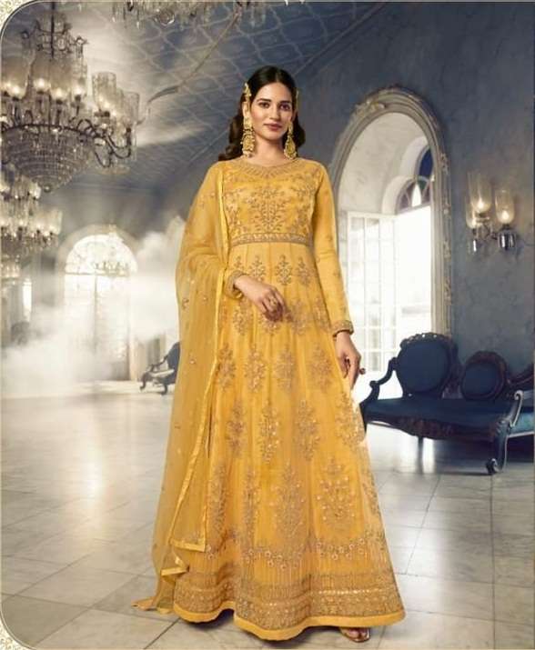 DESIGNER FANCY LONG YELLOW ANARKALI GOWN SALWAR SUIT FOR WEDDING PARTY WEAR IN BUTTERFLY NET FABRIC SWAGAT 5408