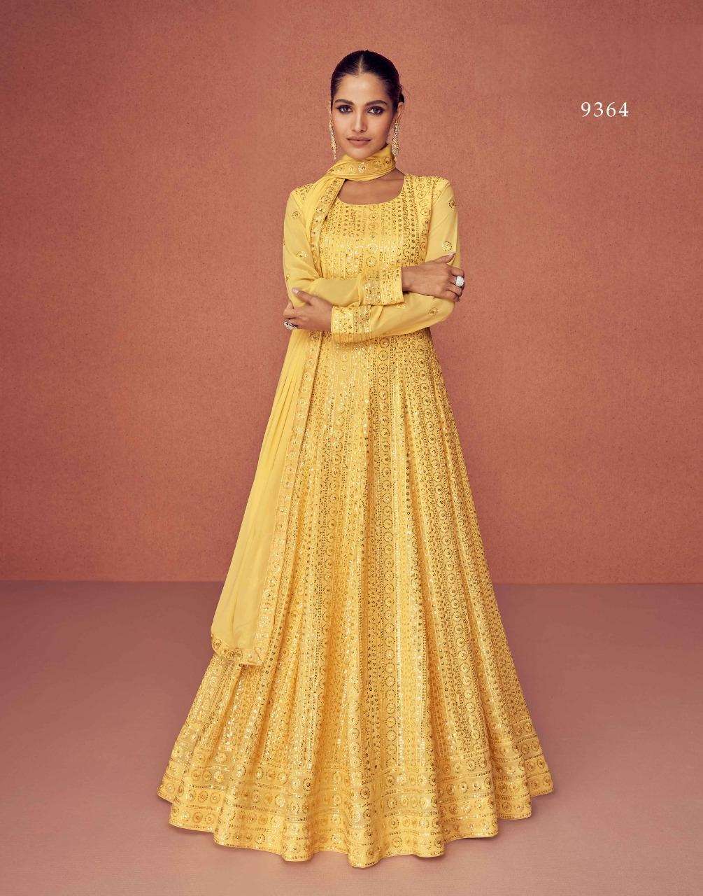 DESIGNER FANCY LONG YELLOW ANARKALI GOWN SALWAR SUIT FOR WEDDING PARTY WEAR IN GEORGETTE FABRIC AF SEASON 9364