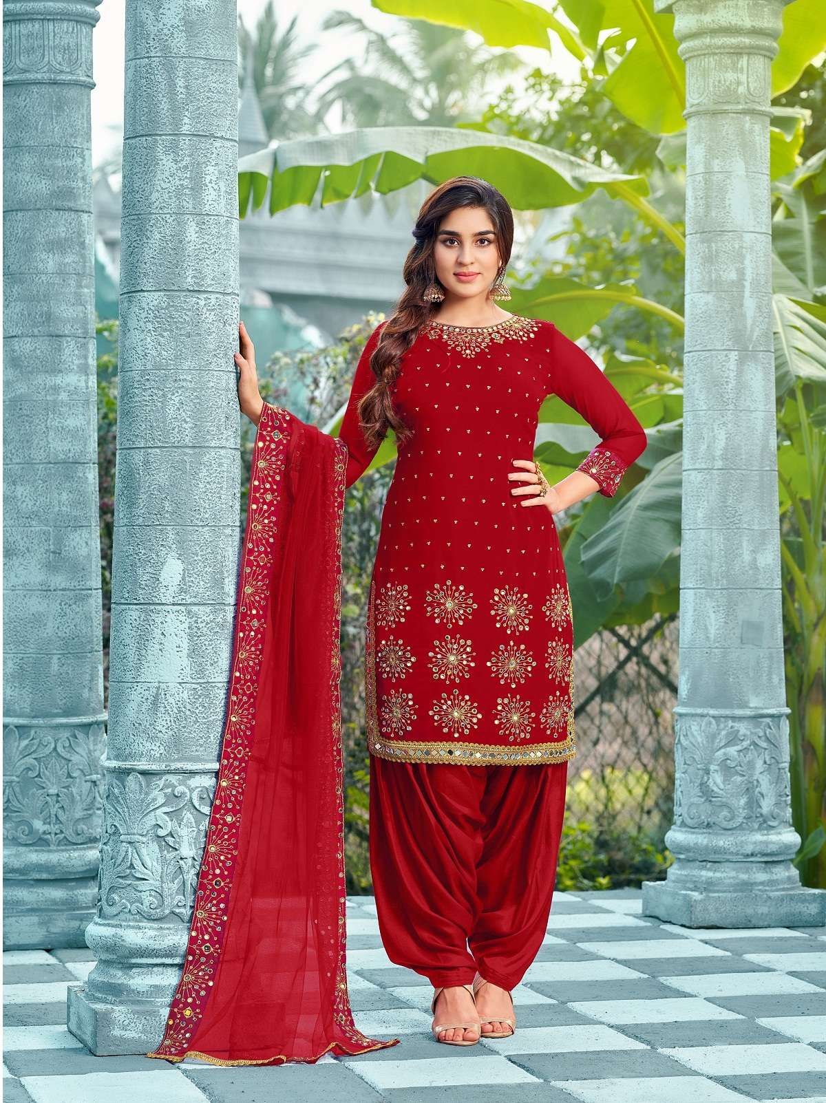 DESIGNER FANCY PARTY WEAR DESIGNER RED PATIYALA SALWAR SUIT IN GEORGETTE MRDNGI 2027D