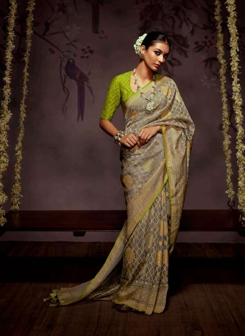 DESIGNER FANCY PARTY WEAR GEORGETTE CHIKU GREY SAREE EXCLUSIVE COLLECTION KIMORA RADHA 16034