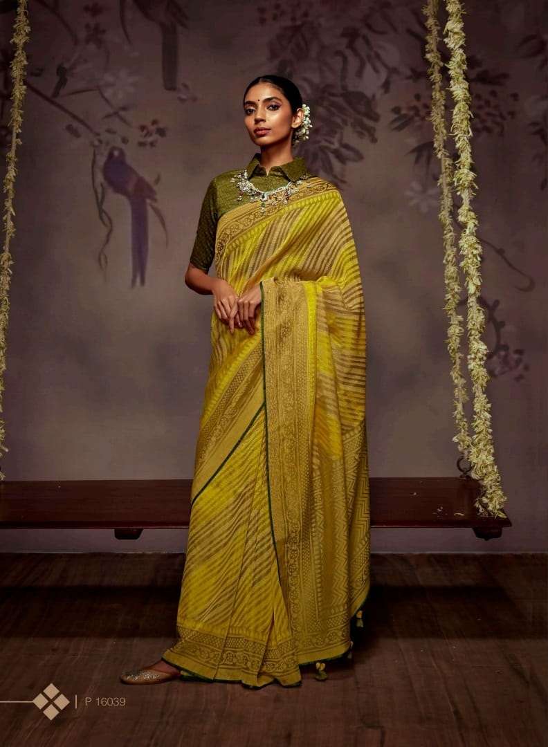 DESIGNER FANCY PARTY WEAR GEORGETTE YELLOW GREEN SAREE EXCLUSIVE COLLECTION KIMORA RADHA 16039