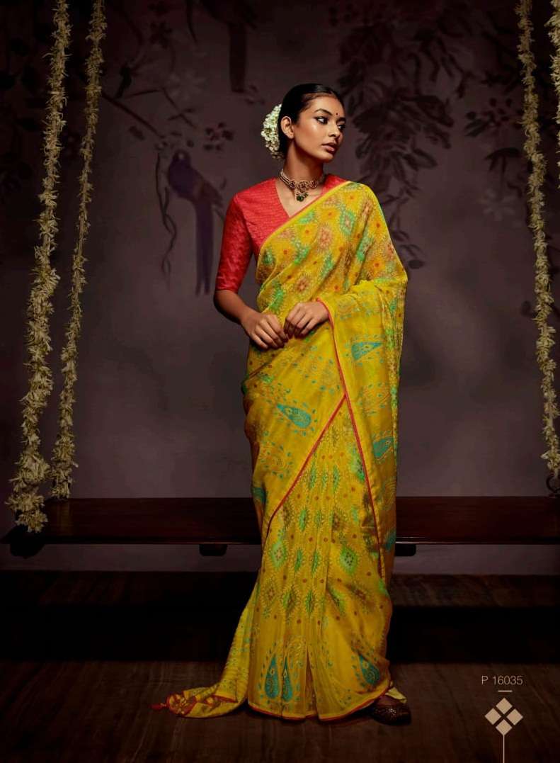 DESIGNER FANCY PARTY WEAR GEORGETTE YELLOW SAREE EXCLUSIVE COLLECTION KIMORA RADHA 16035