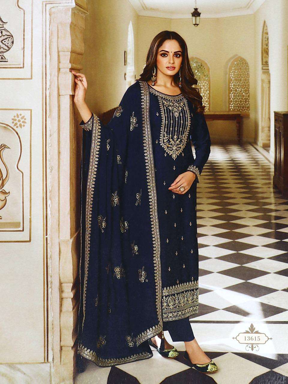 DESIGNER FANCY STRAIGHT BLUE SALWAR SUIT FOR WEDDING PARTY WEAR IN SILK FABRIC JG JISA 13615