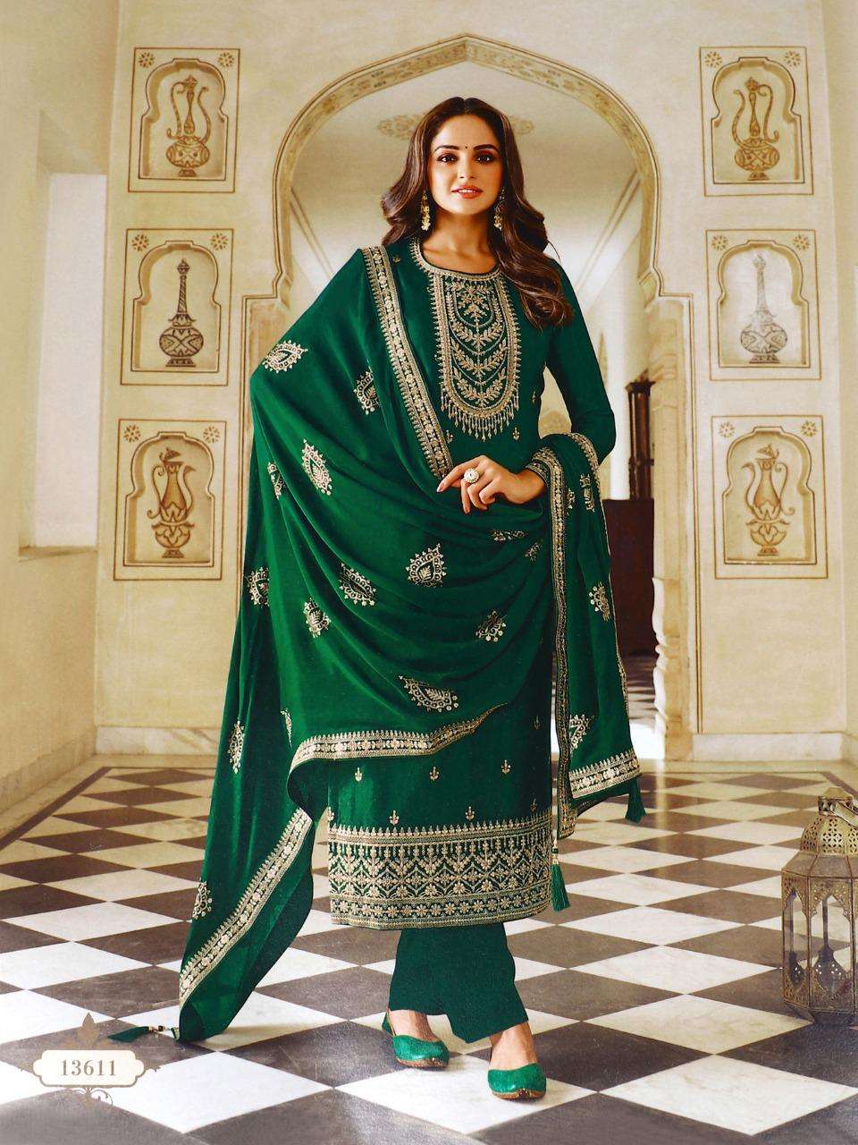 DESIGNER FANCY STRAIGHT GREEN SALWAR SUIT FOR WEDDING PARTY WEAR IN SILK FABRIC JG JISA 13611