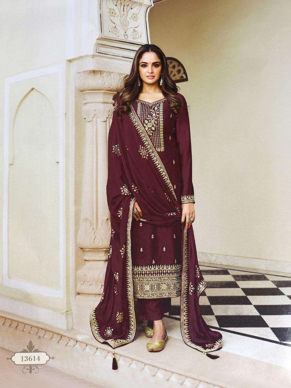 DESIGNER FANCY STRAIGHT MAROON SALWAR SUIT FOR WEDDING PARTY WEAR IN SILK FABRIC JG JISA 13612