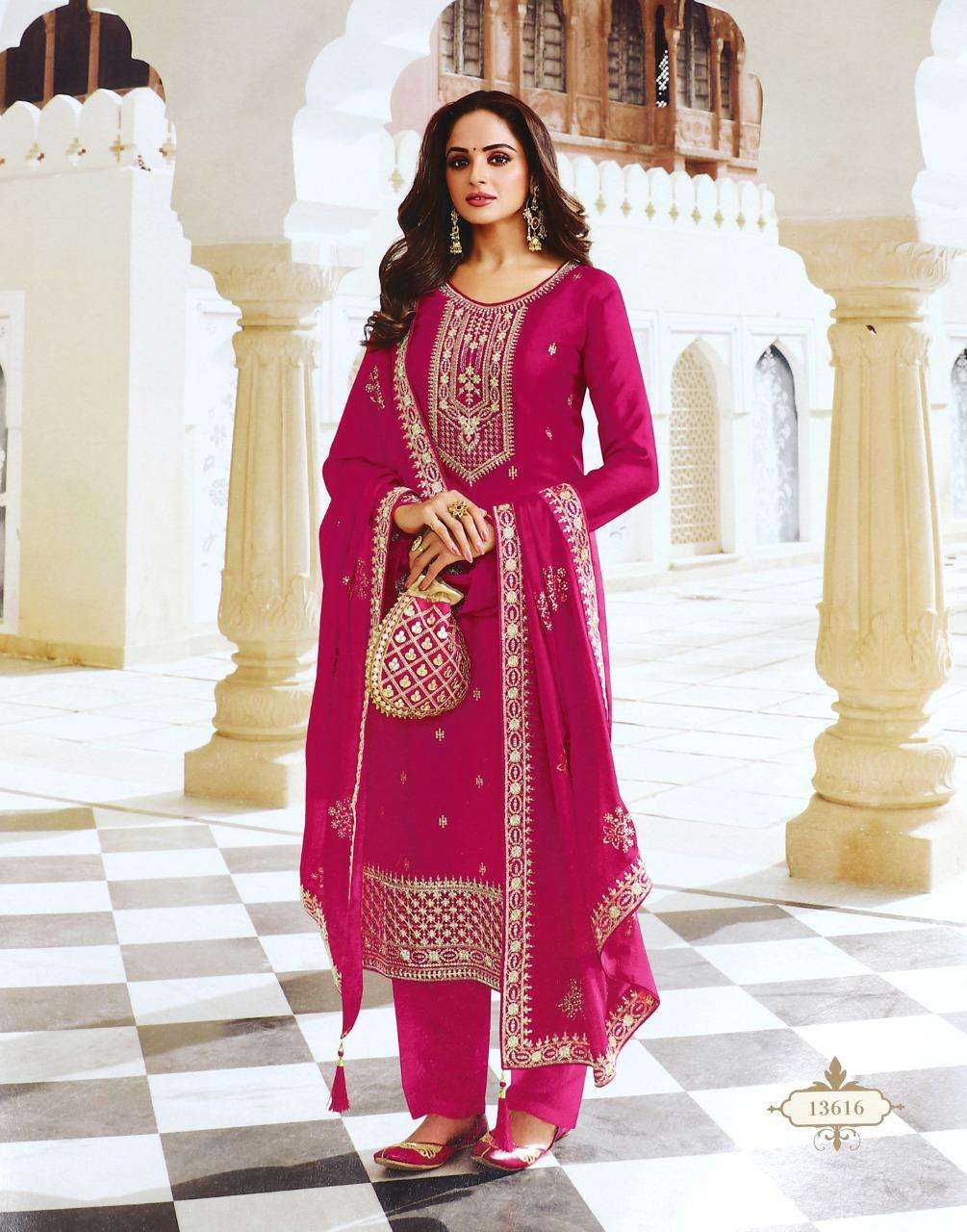 DESIGNER FANCY STRAIGHT RANI PINK SALWAR SUIT FOR WEDDING PARTY WEAR IN SILK FABRIC JG JISA 13616