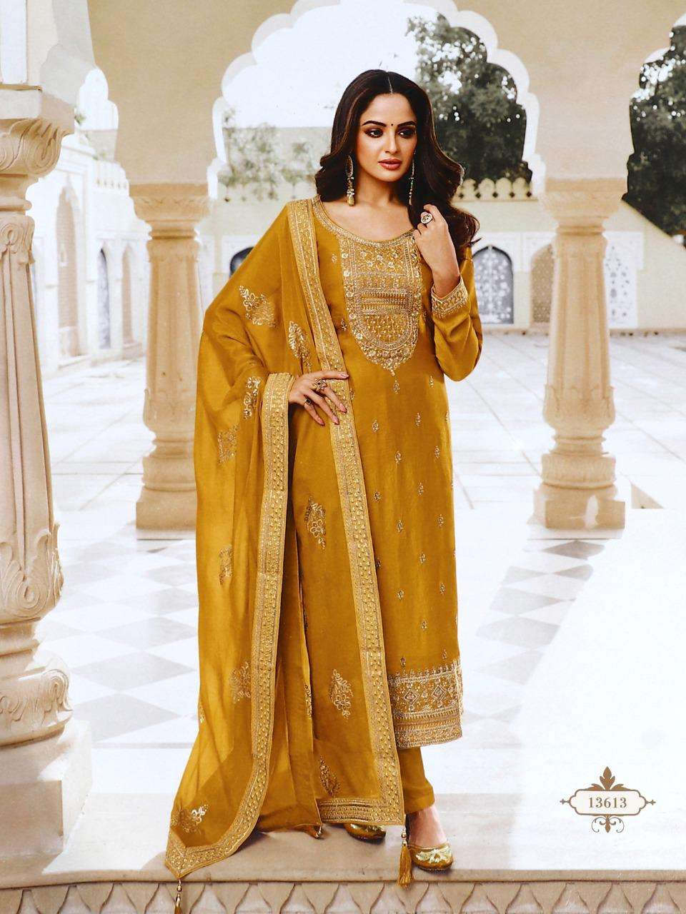 DESIGNER FANCY STRAIGHT YELLOW SALWAR SUIT FOR WEDDING PARTY WEAR IN SILK FABRIC JG JISA 13613