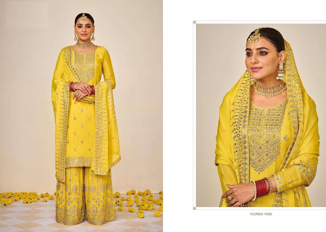 DESIGNER FANCY STRAIGHT YELLOW TOP PALAZZO SALWAR SUIT FOR WEDDING PARTY WEAR IN CHINON FABRIC EB HURMA 1496