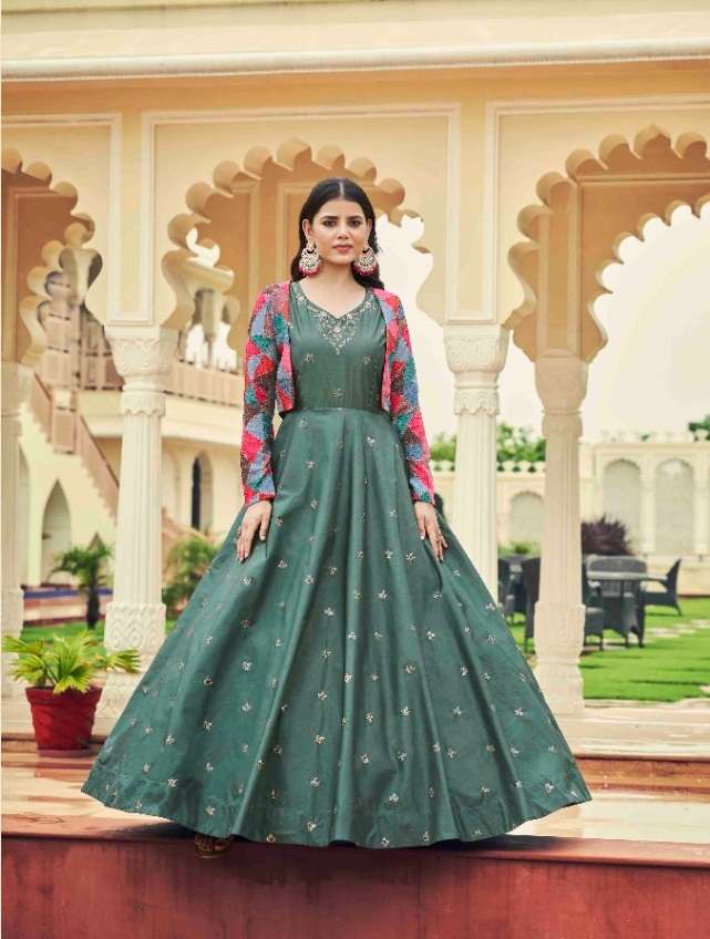 DESIGNER FANCY WEDDING PARTY WEAR COTTON SILK ANARKALI GOWN WITH KOTI KF FLORY 4762