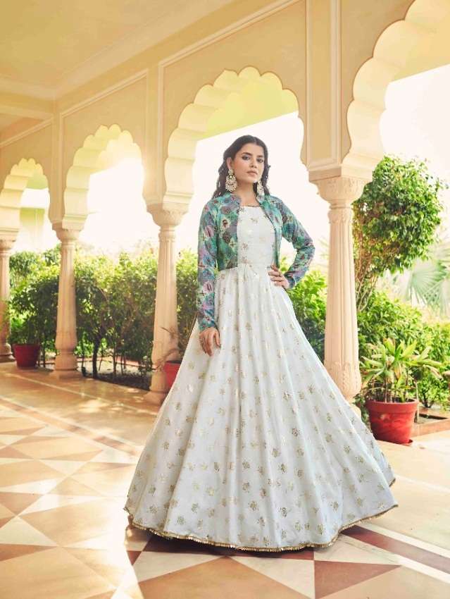 DESIGNER FANCY WEDDING PARTY WEAR COTTON SILK ANARKALI GOWN WITH KOTI KF FLORY 4765