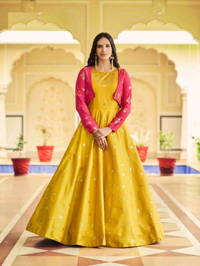 DESIGNER FANCY WEDDING PARTY WEAR COTTON SILK ANARKALI GOWN WITH KOTI KF FLORY 4767