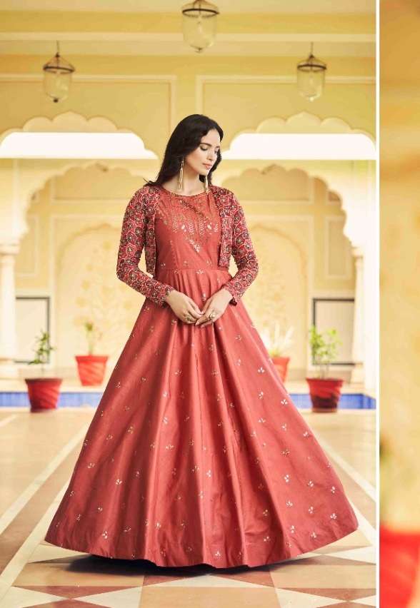 DESIGNER FANCY WEDDING PARTY WEAR COTTON SILK ANARKALI GOWN WITH KOTI KF FLORY 4769