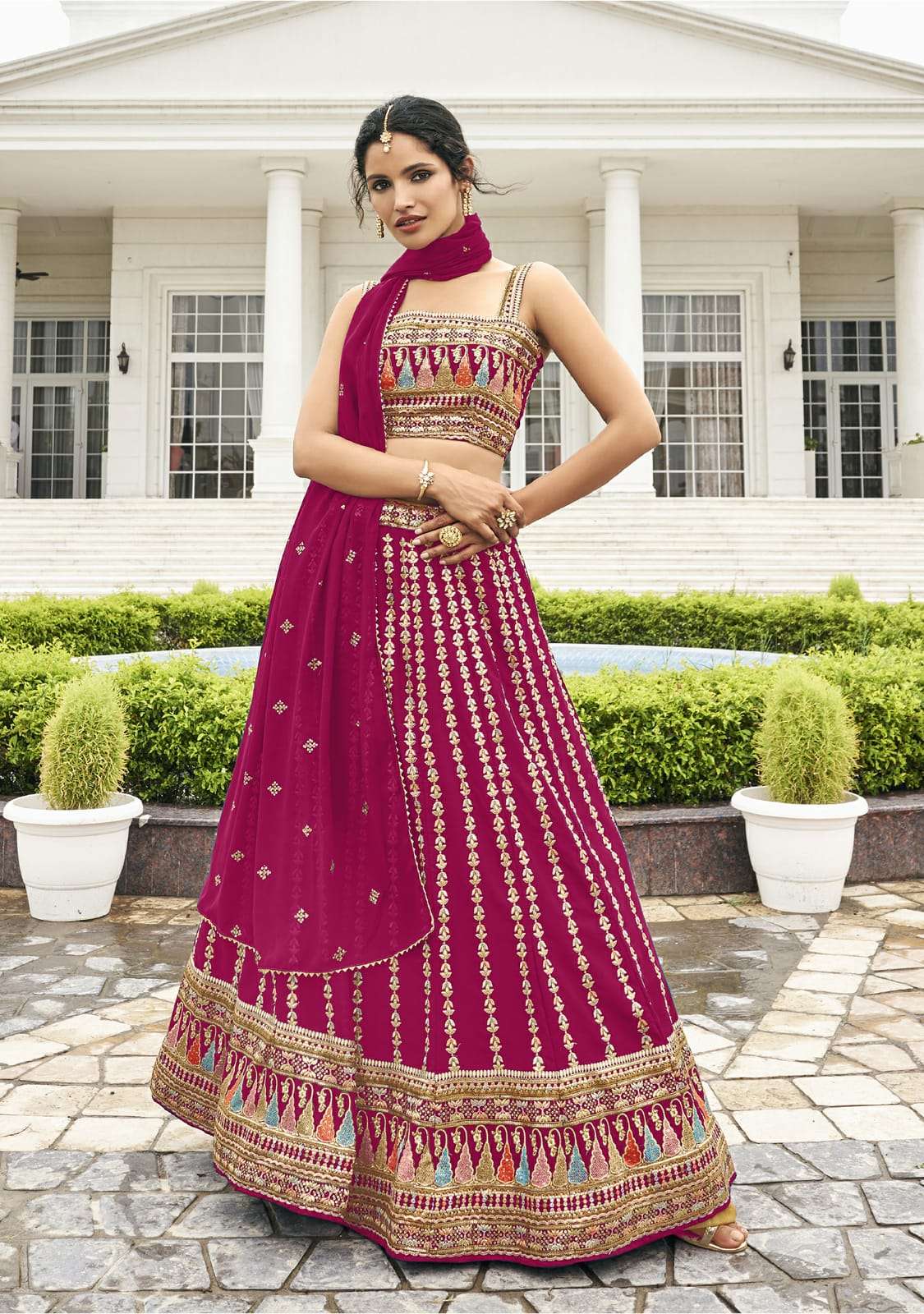 DESIGNER FANCY WEDDING PARTY WEAR RANI PINK BOLLYWOOD LEHENGA CHOLI IN GEORGETTE SM RIMZIM 136 B